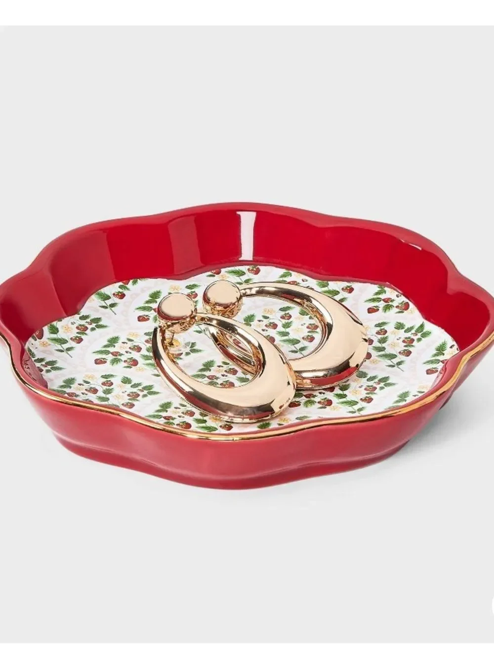 a new day Red Gold Strawberry Ceramic Scalloped Trinket Dish Small Tray